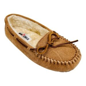 Minnetonka Kayla Tan Suede Leather Faux Fur Lined Slipper Mocccasins
